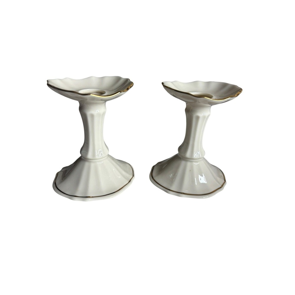 Lenox SYMPHONY Candlestick Candle Holders USA Platinum Silver Trim Cream Pair
